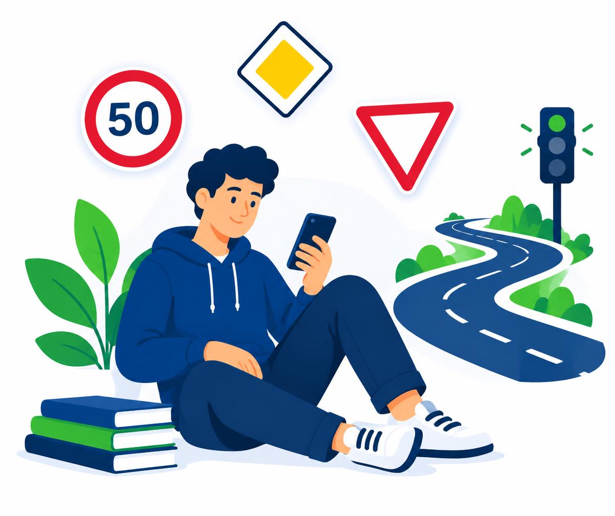Jongere die op de telefoon verkeerstheorie leert